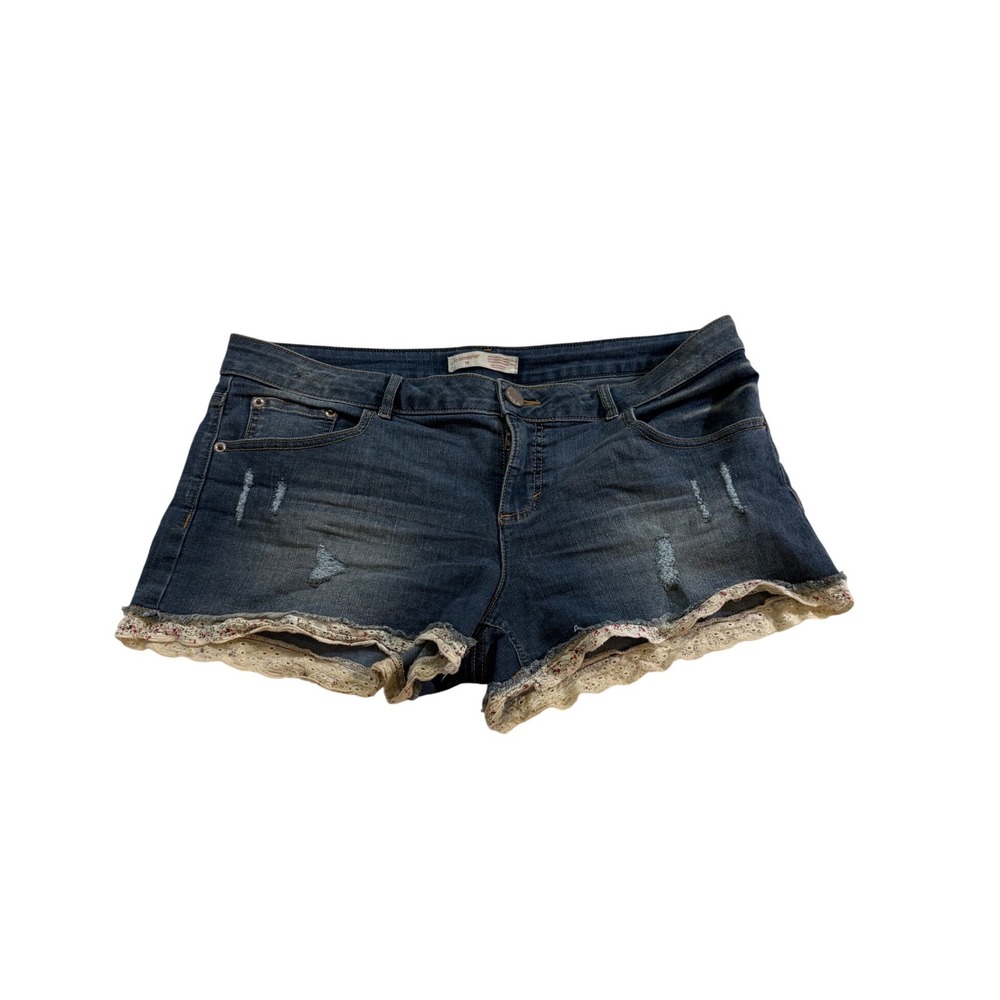 Y2K Floral Laced Denim Shorts L Blue Distressed Boho Western Rodeo Festival